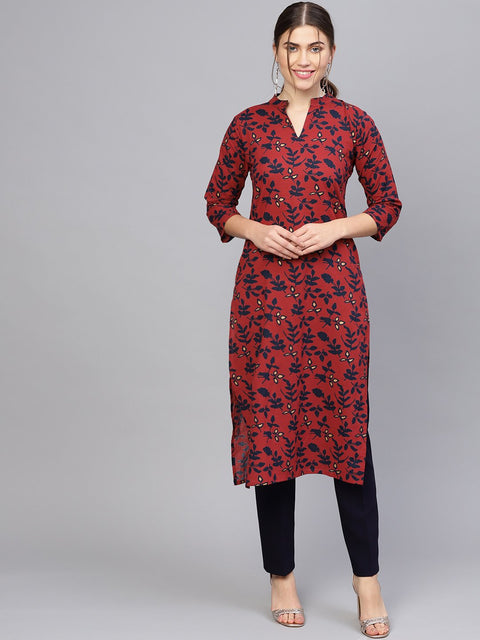 Women Maroon & Navy Blue Printed Straight Kurta