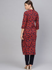 Women Maroon & Navy Blue Printed Straight Kurta