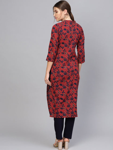 Women Maroon & Navy Blue Printed Straight Kurta
