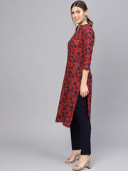 Women Maroon & Navy Blue Printed Straight Kurta