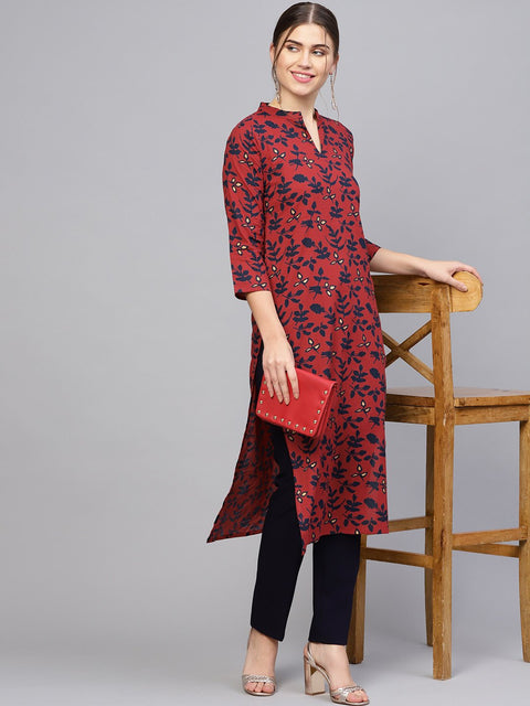 Women Maroon & Navy Blue Printed Straight Kurta