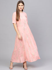 Women Pink & Golden Printed Maxi Dress