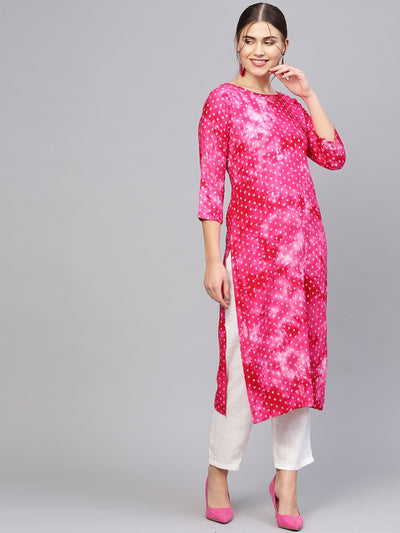 Women Pink & White Printed Straight Kurta