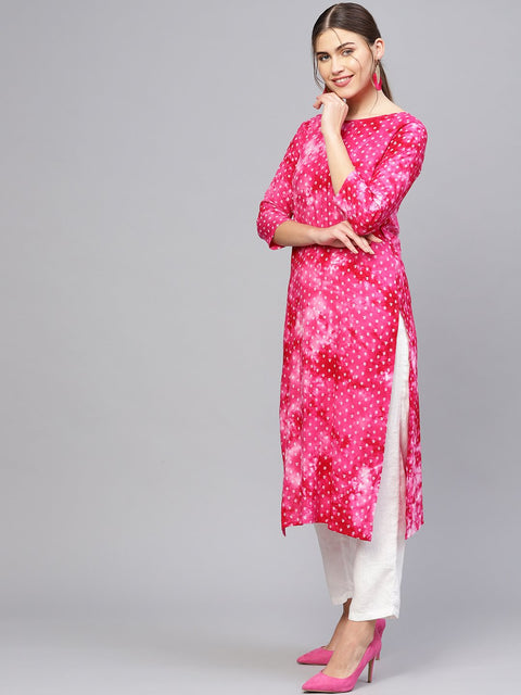 Women Pink & White Printed Straight Kurta