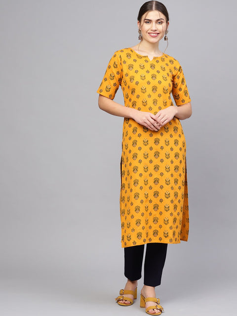 Women Mustard Yellow & Green Printed Straight Kurta