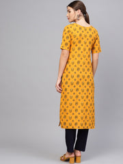 Women Mustard Yellow & Green Printed Straight Kurta