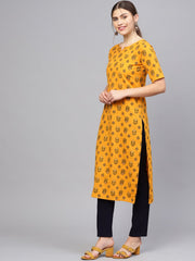 Women Mustard Yellow & Green Printed Straight Kurta