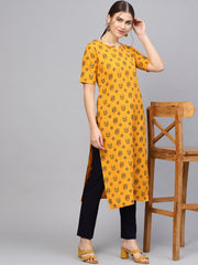 Women Mustard Yellow & Green Printed Straight Kurta