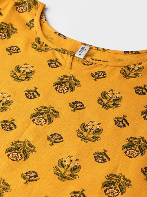 Women Mustard Yellow & Green Printed Straight Kurta