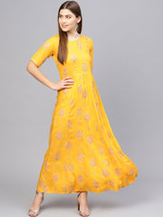 Women Mustard Yellow & Pink Printed Maxi Dress