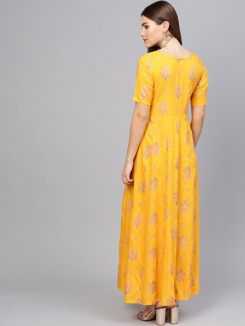 Women Mustard Yellow & Pink Printed Maxi Dress
