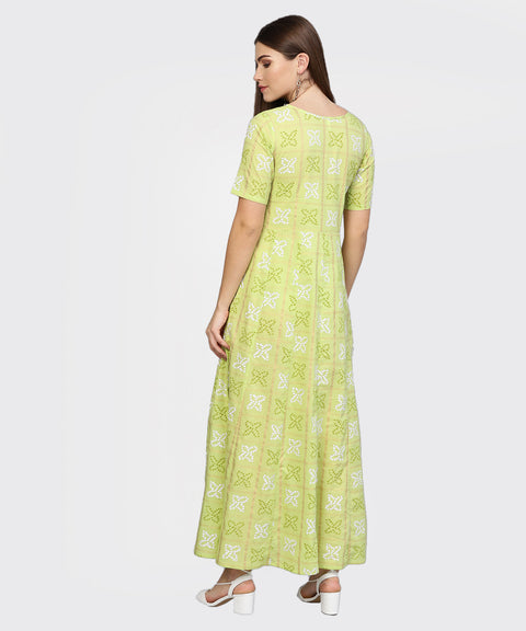Women Green & Off-White Bandhani Printed Maxi Dress