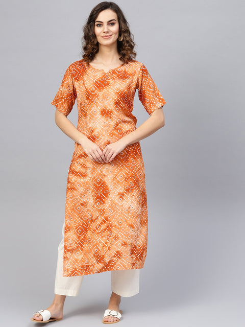 Women Rust Orange & White Bandhani Printed Straight Kurta