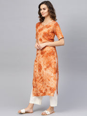 Women Rust Orange & White Bandhani Printed Straight Kurta