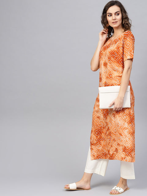 Women Rust Orange & White Bandhani Printed Straight Kurta