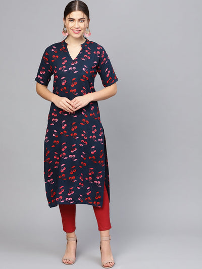 Women Navy Blue & Pink Printed Straight Kurta
