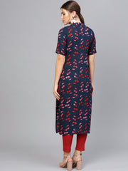 Women Navy Blue & Pink Printed Straight Kurta