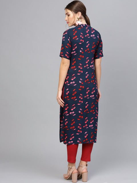 Women Navy Blue & Pink Printed Straight Kurta