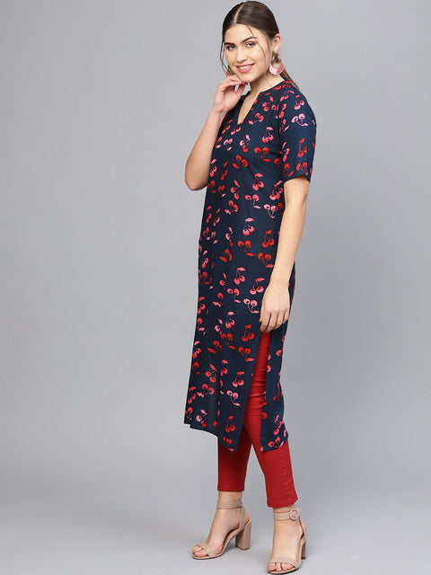 Women Navy Blue & Pink Printed Straight Kurta