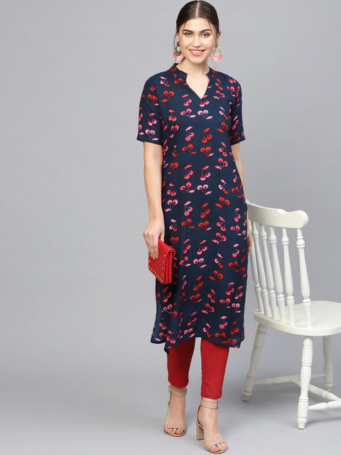 Women Navy Blue & Pink Printed Straight Kurta