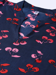 Women Navy Blue & Pink Printed Straight Kurta