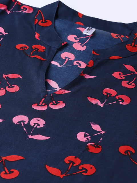Women Navy Blue & Pink Printed Straight Kurta