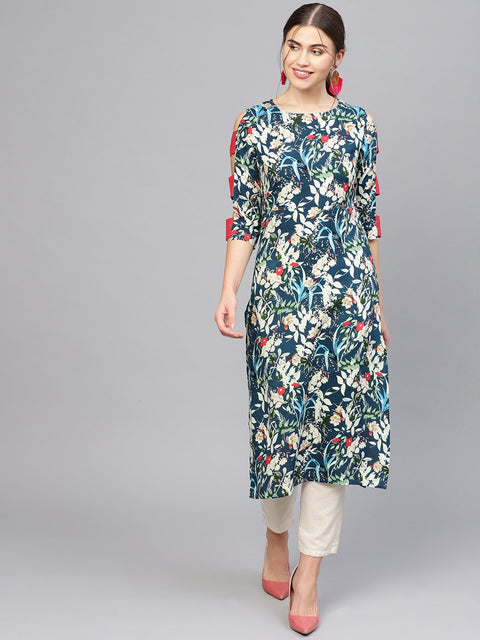 Women Navy Blue & Green Printed Straight Kurta