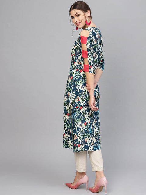 Women Navy Blue & Green Printed Straight Kurta