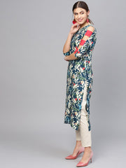 Women Navy Blue & Green Printed Straight Kurta