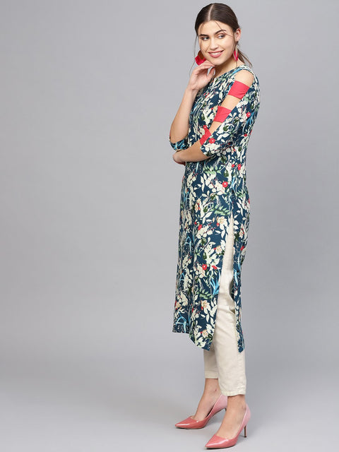 Women Navy Blue & Green Printed Straight Kurta