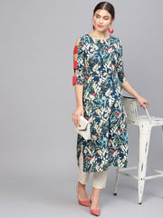 Women Navy Blue & Green Printed Straight Kurta