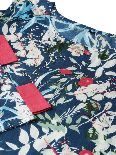 Women Navy Blue & Green Printed Straight Kurta