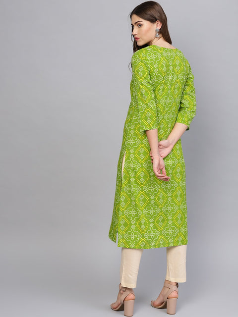 Women Green & Cream-Coloured Printed Kurta with Trousers