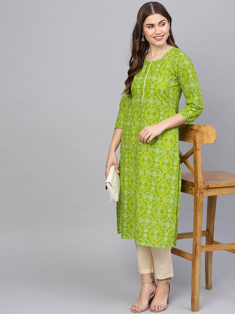 Women Green & Cream-Coloured Printed Kurta with Trousers