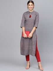 Women Navy Blue & Maroon Printed Straight Kurta