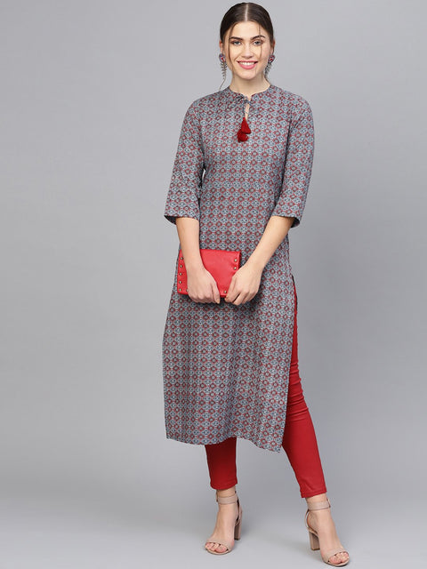 Women Navy Blue & Maroon Printed Straight Kurta