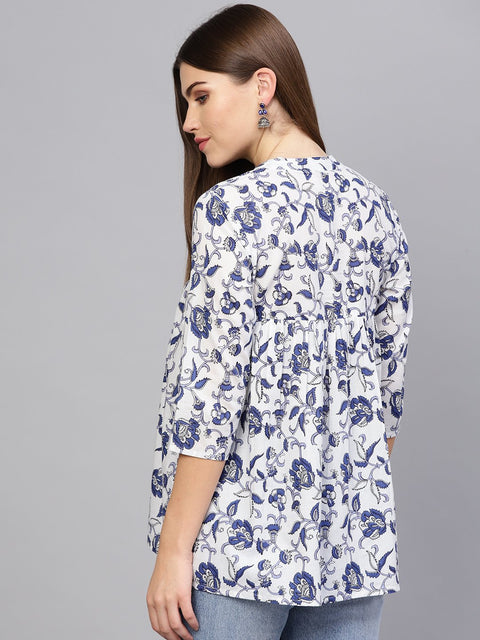 Women Off-White & Blue Printed A-line tunic