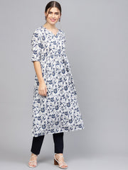Women White & Blue Printed A-Line Kurta