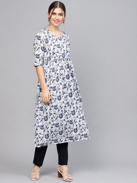 Women White & Blue Printed A-Line Kurta