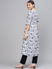 Women White & Blue Printed A-Line Kurta