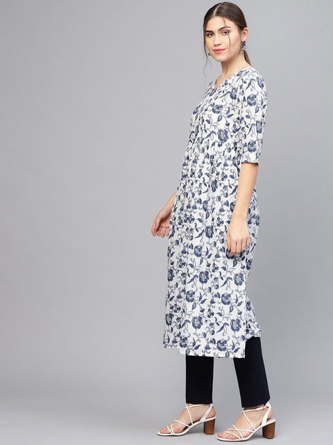 Women White & Blue Printed A-Line Kurta