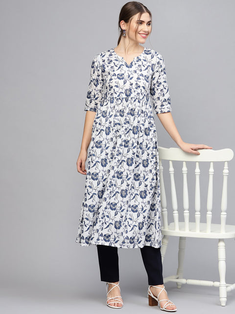 Women White & Blue Printed A-Line Kurta