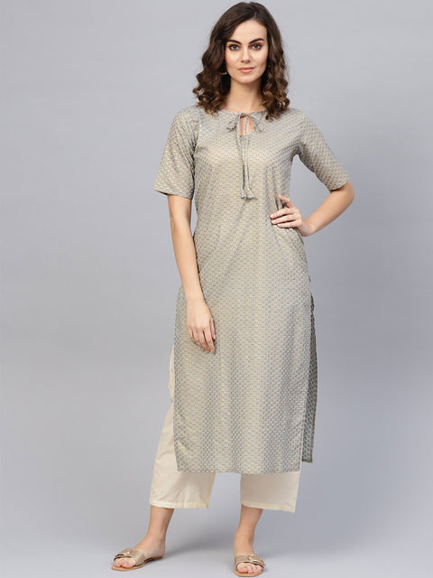Women Grey Short Sleeves Keyhole Neck Straight Pure Cotton Kurta and Trousers Set