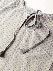 Women Grey Short Sleeves Keyhole Neck Straight Pure Cotton Kurta and Trousers Set