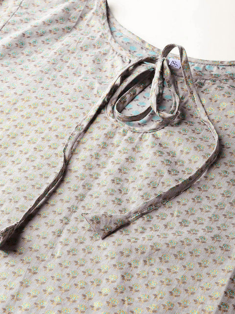 Women Grey Short Sleeves Keyhole Neck Straight Pure Cotton Kurta and Trousers Set