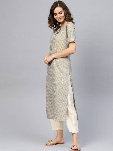 Women Grey Short Sleeves Keyhole Neck Straight Pure Cotton Kurta and Trousers Set
