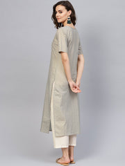 Women Grey Short Sleeves Keyhole Neck Straight Pure Cotton Kurta and Trousers Set