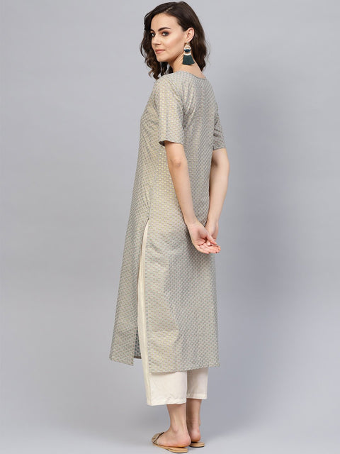 Women Grey Short Sleeves Keyhole Neck Straight Pure Cotton Kurta and Trousers Set