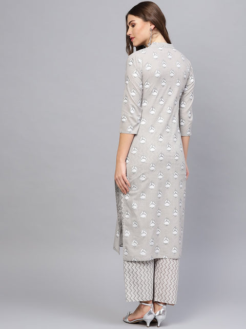 Women Grey & Off-White Printed Kurta with Trousers