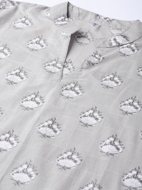 Women Grey & Off-White Printed Kurta with Trousers